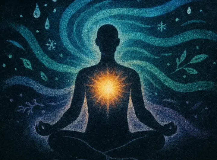 Una figura stilizzata in meditazione con un'aura luminosa sul diaframma