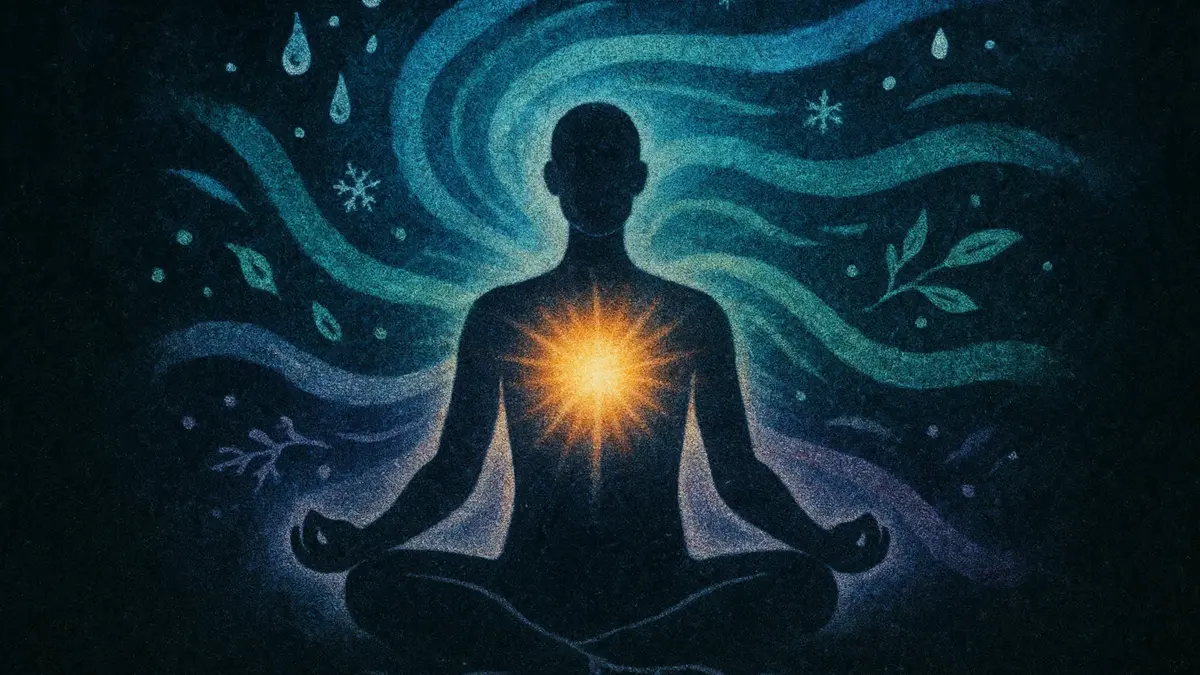Una figura stilizzata in meditazione con un'aura luminosa sul diaframma