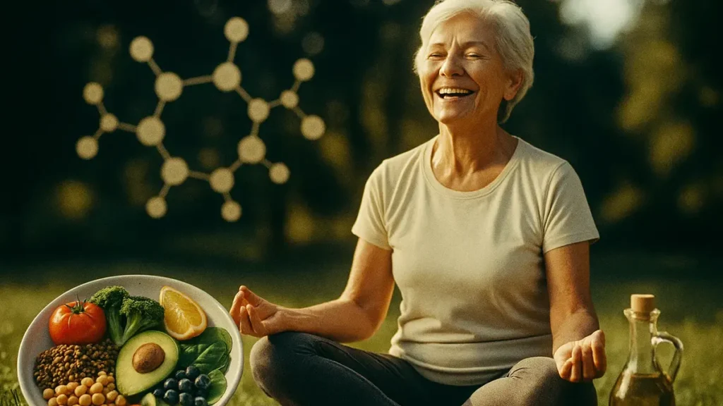 anziana felice che fa yoga accanto a un piatto di cibo sano