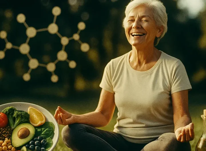 anziana felice che fa yoga accanto a un piatto di cibo sano