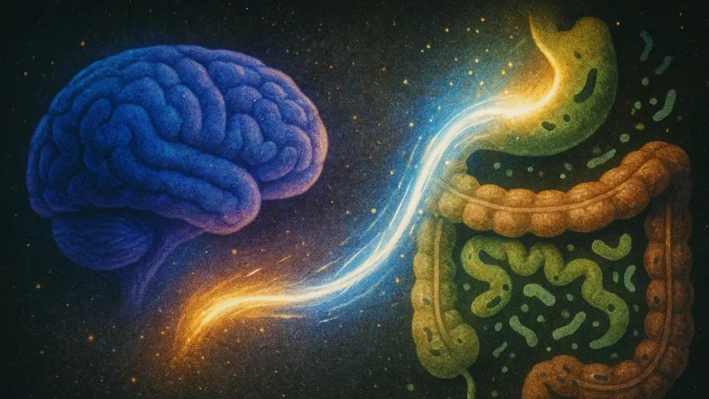 illustrazione che mostra il cervello e intestino connessi da un fascio di luce
