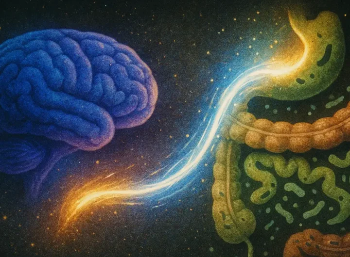 illustrazione che mostra il cervello e intestino connessi da un fascio di luce